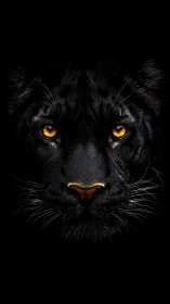 Black panther frontal portrait with luminous amber eyes.