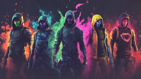 Neon hooded squad standing in a blaze of bold color energy.