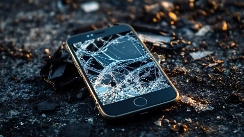 Broken smartphone lies face up with screen completely shattered