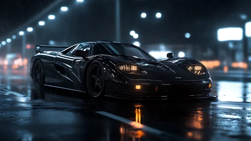 Midnight black supercar cuts through wet neon highway.
