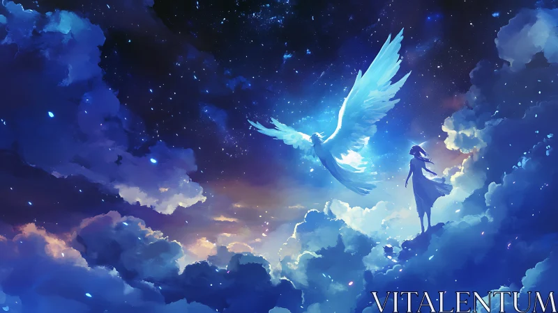 Starlit clouds welcome a glowing winged spirit to a dream sky