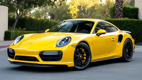 Yellow Porsche sports coupe is parked on a sunlit driveway