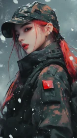 Digital soldier portrait with red hair in winter setting.