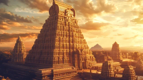 Golden temple citadel glows under a molten sunset sky.
