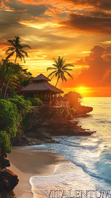 Tropical cliffside hut above calm beach at vivid sunset.