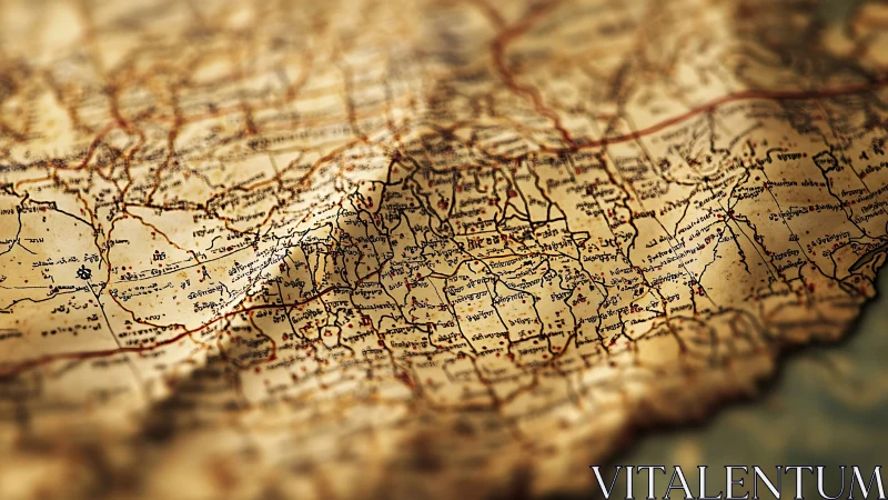 Weathered antique map curls with softly focused details.