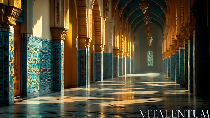 Sunlit Islamic arcade with patterned tile columns interior.