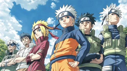 Group of determined anime ninjas standing outdoors.