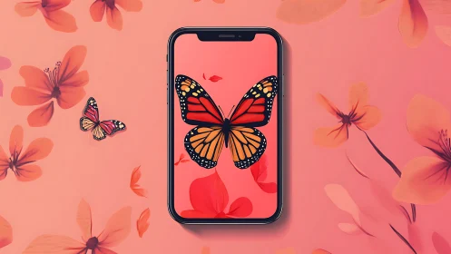 Butterfly on smartphone screen merges nature with digital art.