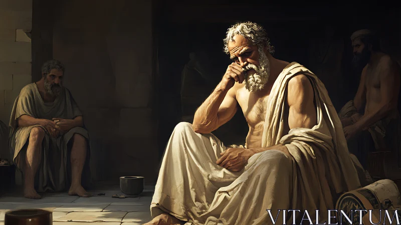 Elderly philosopher in dim chamber with pensive followers.