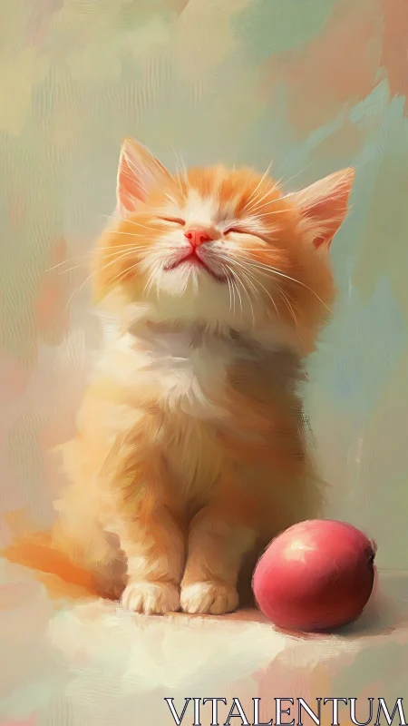 Sun-drenched kitten savors quiet joy beside a rosy apple