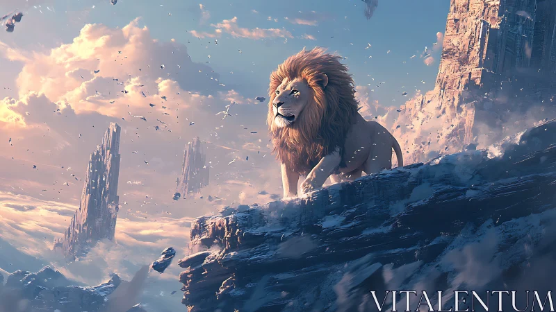 Majestic lion stands on icy cliff in glowing fantasy sky.