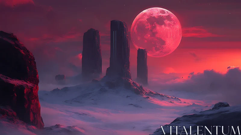 Crimson moonrise over silent ice monoliths in alien dusk.