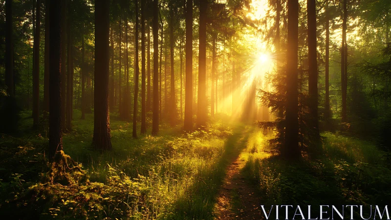 Sunlit Forest Path with Golden Morning Light, Photorealistic Style.