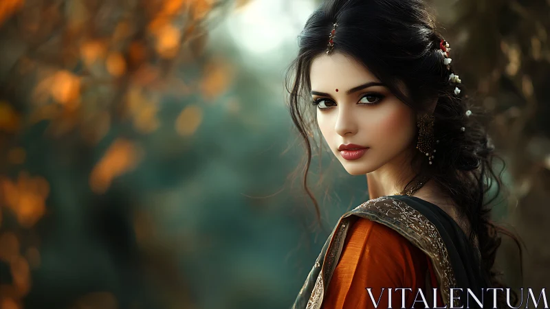Elegant Indian woman in traditional sari, autumn portrait photography.