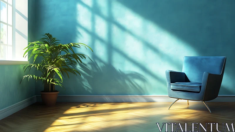 Sunlit teal corner lets a quiet chair and palm daydream