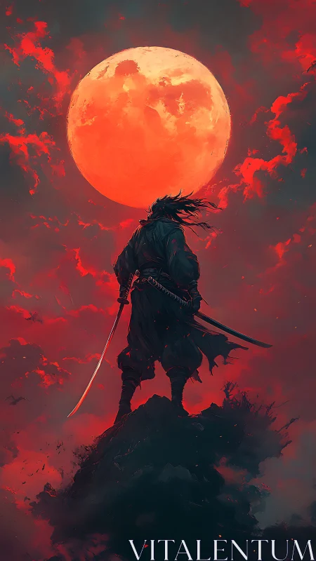 Blood moon crowns a lone ronin poised on a smoking peak