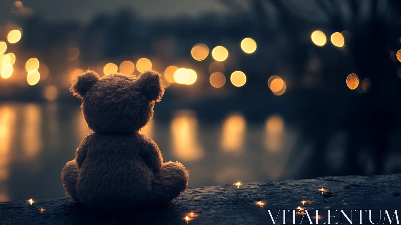 Lonely teddy bear gazes at dreamy riverside city lights