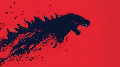 Roaring kaiju silhouette erupts across a stark crimson void