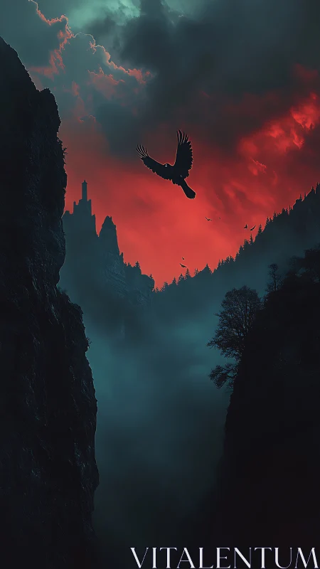 Stormlit canyon sky with soaring raven and distant spire.