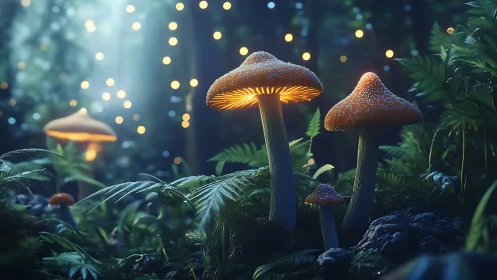 Glowing forest mushrooms under dreamy bioluminescent haze.