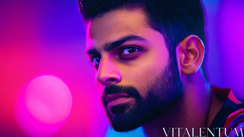 Neon-lit portrait of a thoughtful man in rich colors.