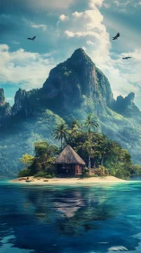 Tropical Island Sanctuary Beneath Towering Stone Peak.