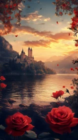 Romantic lakeside castle embraced by glowing sunset roses.