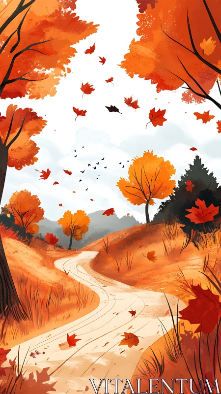 Crimson hillside path under swirling autumn foliage skies.