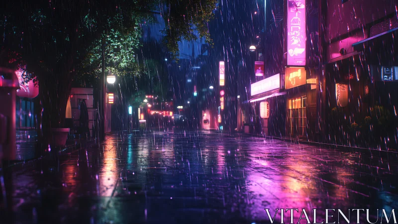 Neon rain stroll through a quiet, glowing city street at night.