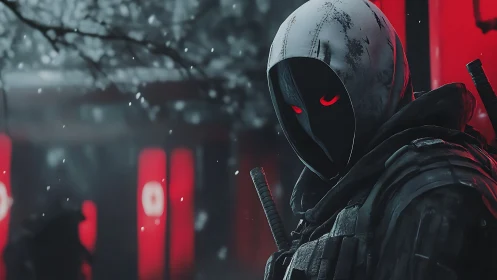 Hooded cyber ninja waits in snow amid red temple lanterns