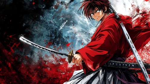 Samurai swordsman in red kimono against abstract backdrop.