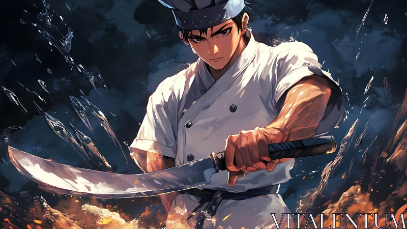 Battle-ready anime chef wields oversized blade in flames.
