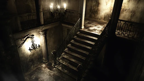 Decayed interior staircase under dim chandelier lighting
