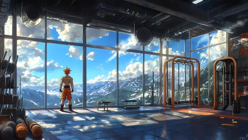 Anime warrior in mountain view gym with training gear.