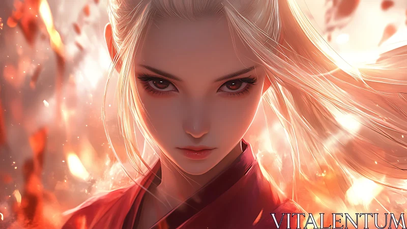 Blonde anime woman in red robe amid abstract fiery light.