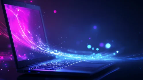 Glowing laptop with flowing neon light and digital magic.