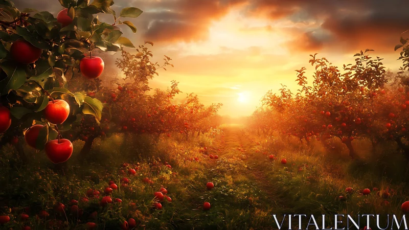Sunlit apple orchard glows under dramatic autumn sky.