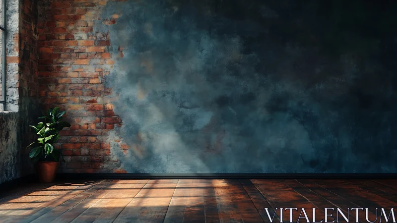 Sunlit brick wall with potted plant and wooden floor