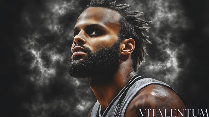 Focused basketball player portrait against smoky backdrop.