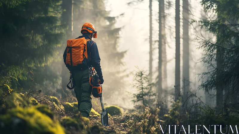 Hiker traversing misty forest path with climbing equipment