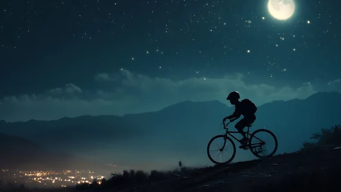Nocturnal Cyclist Against Urban Horizon: Silhouette.
