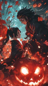 Autumn duel beneath jack-o’-lantern skies and ember leaves.