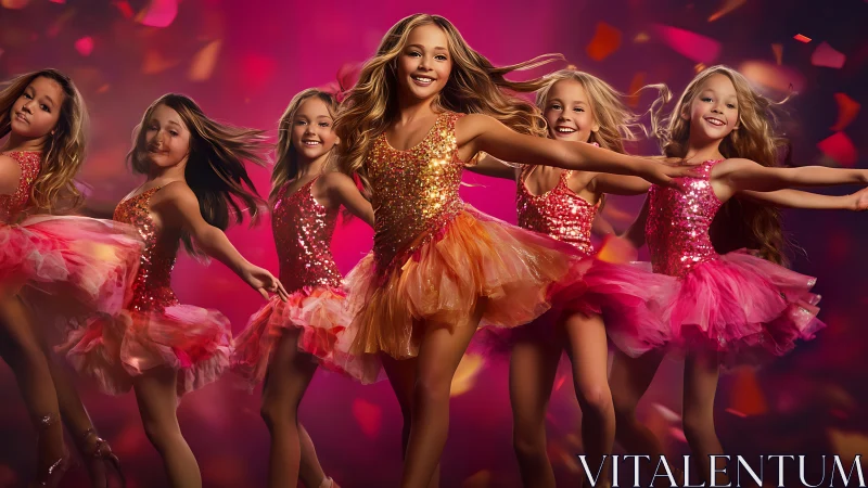 Young dancers in sparkling pink and orange stage costumes.