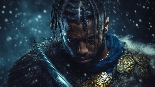 Warrior portrait under snowfall uses dramatic side lighting for tension
