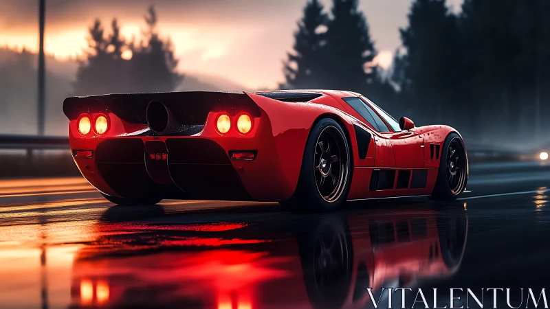 Red supercar cuts through wet highway at misty sunrise