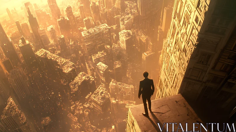 Solitary figure overlooks surreal golden cityscape abyss.