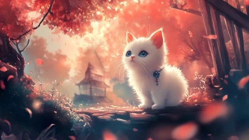 A snowy white kitten gazes calmly in an autumn garden