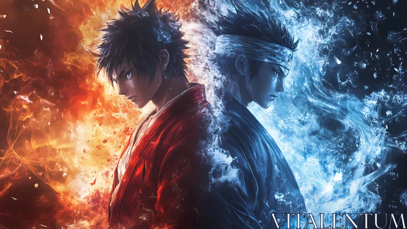 Dual elemental warriors stand divided by fire and ice