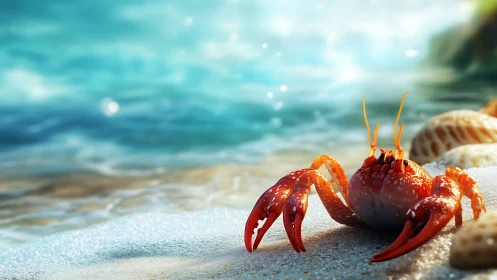 Sunny shore welcomes a bright red crab enjoying the waves